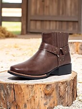 abordables Cowboy et bottes occidentales-bottines pour femmes avec fermeture éclair latérale et détail de sangle, similicuir, chaussures de travail de style occidental pour les tâches agricoles en plein air, la fête des récoltes et le port quotidien