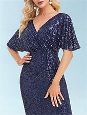 economico BLU-Abiti da festa per quindici anni sirena  tromba abito elegante formale da matrimonio lunghezza a terra maniche corte scollatura a V poliestere con glitter