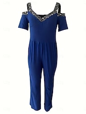 cheap Art&amp;Design Jumpsuit-Women's Normal Jumpsuit Elegant Geometric Short Sleeve Wide Leg V Neck Patchwork High Waist Party Work Regular Fit Black Wine Blue Summer