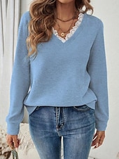 abordables Couleurs unies-Femmes Haut d&#039;épissage en dentelle Couleur Unie Élégant Occasionnel manche longue Col en V Hauts Réguliers Quotidien Dentelle Patchwork Noir Blanche Bleu Beige Gris Printemps Automne Hiver