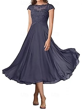 billiga Te Längd-A-linjeformad bröllopsfestmammas klänning elegant enkel krage ankellängd chiffon kort ärm med veck solid färg