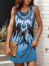 preiswerte Boho Kleider-Damen Minikleid Sommerkleid A Linie Kleid Urlaub Lässig Boho Outdoor Party Täglich Normale Passform Grafik Geometrisch Stammes Ärmellos U-Ausschnitt Weiß Gelb Rosa Blau Sommer Frühling
