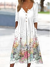 cheap Floral Dress-Women&#039;s Midi Dress Casual Dress Sundress A Line Dress Summer Dress Vacation Casual Beach Holiday Loose Fit Floral Graphic Short Sleeve Crew Neck White Ivory Dark Green Dusty Blue Summer