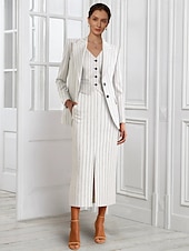 ieftine Cu jacheta-Set rochie cu sacou 3 piese A-line pentru mama miresei business casual clasic cu rever ascuțit lungime de podea țesătură elastică mânecă lungă cu buzunare și slit