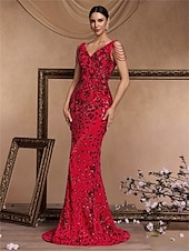 abordables ROJO-Vestidos de quinceañera de sirena/trumpet vestido elegante boda invitada de boda larga sin mangas con cuello de pico poliéster sin espalda con lentejuelas