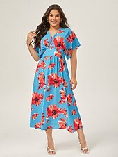 abordables Robes fleuries élégantes-robe midi élégante à fleurs bleues et col en V pour l&#039;été