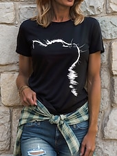 お買い得  動物のTシャツ-女性用 Tシャツ グラフィック 動物 猫 ヴィンテージ スタイリッシュ クラシック 半袖 クルーネック ラウンドネック レギュラートップス 日常 週末 プリント ブラック 夏 春