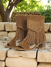 billiga Kvinnor-Bruna damsandaler med mockafransar och blockklack – bohemiska stövlar med öppen tå i västerländsk stil för musikfestivaler, sommarkläder och vardagskläder