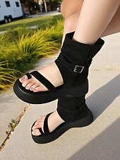 abordables Sandales de Vacances-Sandales gladiateur beiges à bride cheville pour femme avec bride à boucle et semelle plateforme noire – Chaussures de voyage décontractées pour l&#039;été, le camping et les aventures en plein air