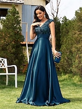 baratos AZUL-Vestidos de Quinceanera Linha A Vestido Elegante Casamento Formal Comprimento do Chão Sem Mangas Decote em V Cetim com Lantejoulas