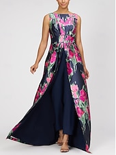 preiswerte Hosenanzüge &amp;amp; Overalls-Jumpsuits A-Linie Abendkleid Elegantes Kleid Formelle Hochzeitsgast Bodenlange Ärmellos Boot-Ausschnitt Satin mit Blumenmuster Tasche