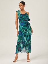 abordables Robes fleuries élégantes-robe midi nouée sur le devant à volants en mousseline