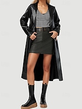 preiswerte Kunstlederjacken-Damen Trenchcoat Warm Bequem Tasche Aktiv Mode Einfach Ausgehen Wochenende Offene Vorderseite Lang Umlegekragen Normale Passform Langarm Oberbekleidung Schwarz Herbst Winter