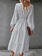 ieftine Rochie cu dungi și geometrică-Pentru femei Rochii Midi Rochie A line Casual Zilnic Potrivire Largă Dungi Manșon Lung În V Negru Albastru piscină Trifoi Primăvară Toamnă