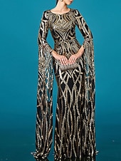 abordables Robes de bal-Robe de soirée en forme de sirène/trumpet élégante mariage longue à partir du sol à manches longues col rond en satin sequins avec fente