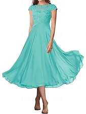 billiga Te Längd-A-linjeformad bröllopsfestmammas klänning elegant enkel krage ankellängd chiffon kort ärm med veck solid färg