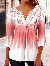 billige Blomstrete topper-Damebluse V-hals Ombre Grafisk Elegant 3/4-langermet Rund hals Vanlige topper Daglig Gå ut Volanger Knapper Svart Hvit Rosa Vår Høst