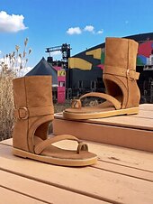 billiga Semester Sandaler-Bruna gladiatorsandaler med vristrem, dragkedja och spänne för dam – bohemiska platta stövlar med öppen tå för sommarfestivaler, camping och vardagligt utomhusbruk