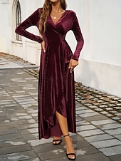 abordables Robe blanche-Femmes Robe maxi Robe Portefeuille Robe trapèze Occasionnel Quotidien Coupe régulière Uni manche longue Col en V Noir Rouge Vert Automne Hiver