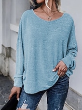 abordables Hauts Unis pour Femmes-Femmes Chemisier Uni Occasionnel manche longue Col en V Hauts Réguliers Quotidien Fête Sortir Ourlet asymétrique Bleu Poudré Violet Bleu clair Été