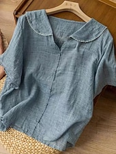 ieftine Cămăși-Pentru femei Cămăși Bumbac In Culoare solidă De Bază Casual Manșon scurt Guler Cămașă Topuri obișnuite Zilnic Nasturi Alb Roz Îmbujorat Albastru piscină Portocaliu Trifoi Vară Primăvară