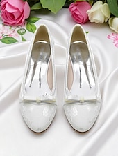 abordables Occasionnel-Ballerines en dentelle blanche pour femme avec nœud – Chaussures de mariage à talon bas pour mariée ou demoiselle d&#039;honneur