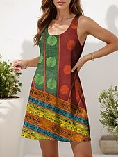 billige Boho-kjoler-Dame Mini kjole Solkjole Kjole med A-linje Sommerkjole Ferie Fritid Bohem Bryllup utendørs Hjem Normal Blomstret Grafisk Geometrisk Ermeløs U-hals Rød Sommer Vår