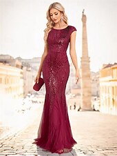 baratos Semi-formal / Cocktail-Vestidos de Quinceanera Elegantes Sereia  Trompete para Casamento Formal Comprimento Total Sem Mangas Decote Barco em Poliéster com Lantejoulas