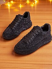 baratos Ténis de mulher-Tênis plataforma feminino branco com strass - sapatos de festa brilhantes com cadarço e detalhes em cristal para a vida noturna e para baladas