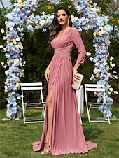 preiswerte Rosa-A-Linie Quinceanera-Kleider Elegant Kleid Formell Hochzeit Bodenlang Langarm V Ausschnitt Chiffon Ladderback-Rückenausschnitt mit Falten 2025