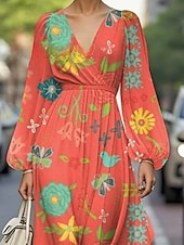 abordables Robes Floraux Imprimés-Femmes Robe Midi Robe Décontractée Robe Imprimée Élégant Mode Extérieur Soirée Fête Coupe régulière Fleur manche longue Col en V Orange Été Printemps