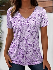 preiswerte Blumen-T-Shirt-Damen T Shirt Blumen Grafik Pflanzen Vintage Mode Hawaiianisch Kurzarm V Ausschnitt Normale Oberteile Täglich Ausgehen Wochenende Druck Rosa Blau Purpur Grün cremefarben Sommer Frühling