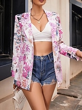 billiga Blazers och kostymer-Dam Kavaj Bekväm Andningsfunktion Mönster Ledigt Blommig Kontor Gata Ledigt Dagliga kläder Öppen front Normal Hakslag Normal Långärmad Ytterkläder Svart Gul Rodnande Rosa Sommar Höst