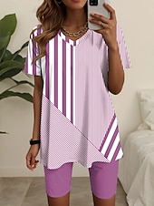 abordables Ensembles courts pour femmes-Femmes Mode T-shirt Ensembles de Shorts Manche Courte Col en V Graphique Rayé Imprimé Décontracté Quotidien Bleu Violet Vert Été Coupe Ample