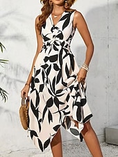 preiswerte Elegante Blumenkleider-Damen Midikleid Blumenkleid Druckkleid Mode Klassisch Modern Outdoor Urlaub Täglich Normale Passform Blume Ärmellos V Ausschnitt Rosa Blau Aprikose Sommer