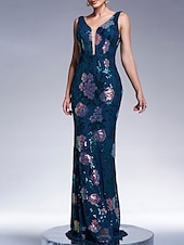 cheap FLORALS-Mermaid / Trumpet Evening Gown Elegant Dress Formal Wedding Floor Length Sleeveless V Neck Lace with Sequin