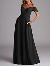 baratos Vestidos para Madrinhas-Vestido de Madrinha A-Line Alça Fina Manga Curta Elegante Comprimento Total Chiffon com Cor Sólida 2025