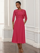 abordables Avec veste-Robe 2 pièces Sheath  Colonne Mère de la mariée Robe Élégante Simple Col bijou Longueur genou Tissu extensible Veste à manches 3/4 Robes avec appliques brodées
