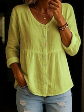 voordelige Overhemden-Dames Overhemd Effen Kleur Effen Stijlvol Casual Lange mouw Overhemdkraag Normale tops Dagelijks Knop Gesmokt Wit Geel Blozend Roze Groen Zomer Lente