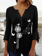 billige Kunst &amp; Design t-skjorte-Dame Tunika Nyanse Grafisk Abstrakt Elegant Årgang Stilfull 3/4 ermer V-hals Vanlige topper Daglig Ut på byen Knapper Svart Blå Vår Høst