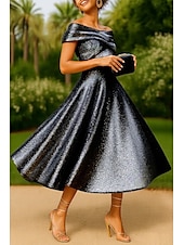 economico Abiti da cocktail-Abiti Cocktail A-Line Jacquard Oro Scintillante Abito Elegante Matrimonio Formale Lunghezza Tè Lunghezza Midi Senza Maniche Spalle Scoperte con Pieghe
