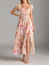 baratos Vestidos para Madrinhas-Vestido de Madrinha em A Decote V Sem Mangas Elegante Comprimento do Tornozelo Chiffon com Pregas  Rendas  Pregas