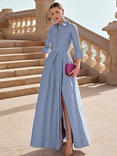 ieftine verde-Rochie de seară elegantă, linie A, rochie formală pentru invitați la nuntă, lungime podea, mânecă lungă, guler cămașă, buzunar, satin cu crăpătură 2025