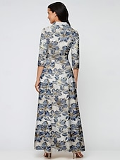 abordables Longueur du plancher-Robe du soir A-Linie en jacquard en brocart élégante robe formelle mariage longueur de sol à manches longues col chemise en nylon avec nœud(s) et poche