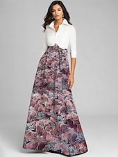 abordables Longueur du plancher-Robe Mère de la Mariée A-Line en brocart jacquard bleu Élégante Vintage Col chemise Longueur de sol Tissu extensible Manches longues avec nœud(s) Bloc de couleur