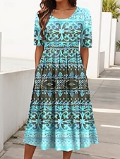 ieftine Rochie boho-Pentru femei Rochii Midi Rochie de vară Rochie plisata Vacanță Casual Concediu Fit regulat Grafic Geometric Manșon Jumate Stil Nautic Roz Îmbujorat Albastru piscină Mov Trifoi Vară Primăvară Toamnă