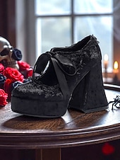 economico Per le donne-Scarpe con plateau in velluto in stile vittoriano gotico del XIX secolo da donna - décolleté mary jane bordeaux con rifiniture in pizzo e nastro per Halloween, cosplay e moda lolita
