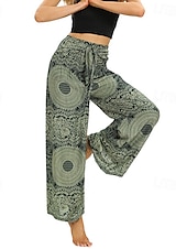 baratos perna larga e cintura alta-Mulheres Perna larga Calças Casual Boho Comprimento total Cintura Alta Imprimir Bolsos Design de cordão elástico Respirabilidade Macio Micro-Elástica Férias Rua Roupa Diária Vermelho Verde Verão