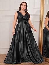 cheap BLACK-A-Line Plus Size Dresses Elegant Curve Dress Formal Wedding Floor Length Sleeveless V Neck Satin V Back with Pleats