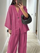 abordables Ensembles chemisiers pour femmes-Femmes Quotidien Basique Ensembles de Pantalons manche longue Col en V Uni Occasionnel Quotidien Noir bleu marine Fuchsia Été énorme